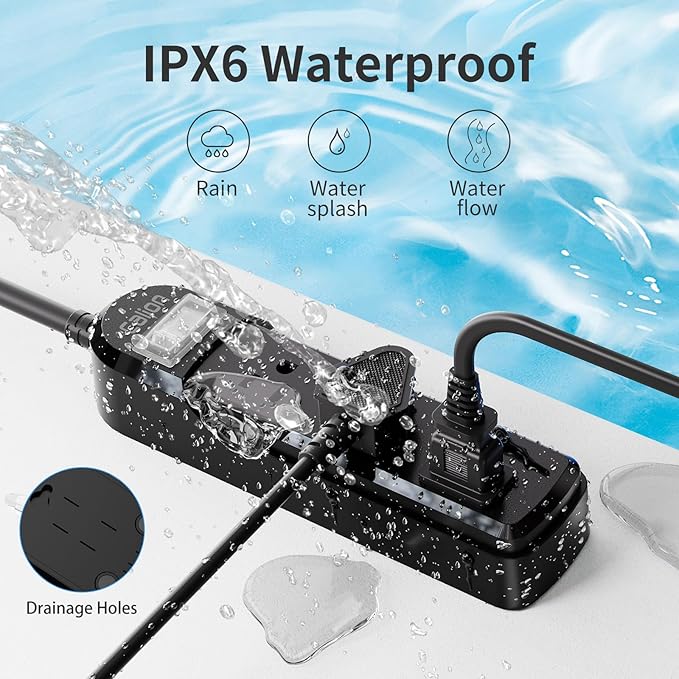 IPX6 Outdoor Power Strip Weatherproof,10 FT SJT 16AWG Extension Cord 3 Wide Outlets 1875W Overload Protection, Waterproof Surge Protector for Office,Dorm Room,Patio,Christmas Lights