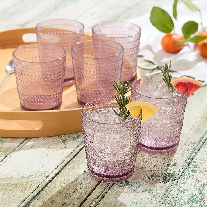 Santa Fe Plum Set of 6 Premium Acrylic DOF Glasses 16 oz – Unbreakable Drinkware with Textured Bubble Design, Dishwasher Safe Tumblers for Indoor & Outdoor Use