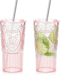 2 Set 20oz Vintage Plastic Tumbler with Lids and Straws Ribbed Floral Drinking Glasses Reusable Iced Coffee Cups for Water Juice Smoothie Cocktail Travel Party Events Gift (Pink)