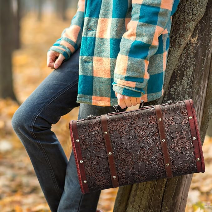 ELLDOO Vintage Wooden Storage Chest, Portable Decorative Luggage Suitcase With Grape Pattern, Pirate Treasure Keepsakes Box for Gifts, Decor and Travel
