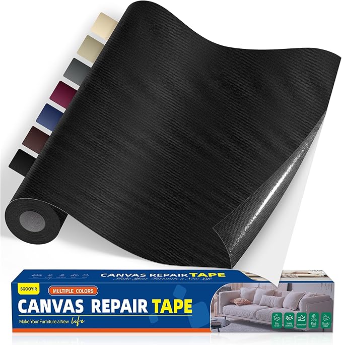 Self-Adhesive Canvas Repair Tape, 16" x 40" Waterproof Canvas Repair Patch, Fabric Patch Repairs Kit for Furniture, Tents, Sunbrellas, Boat Covers Awnings, Couches, Clothes, Bags Black