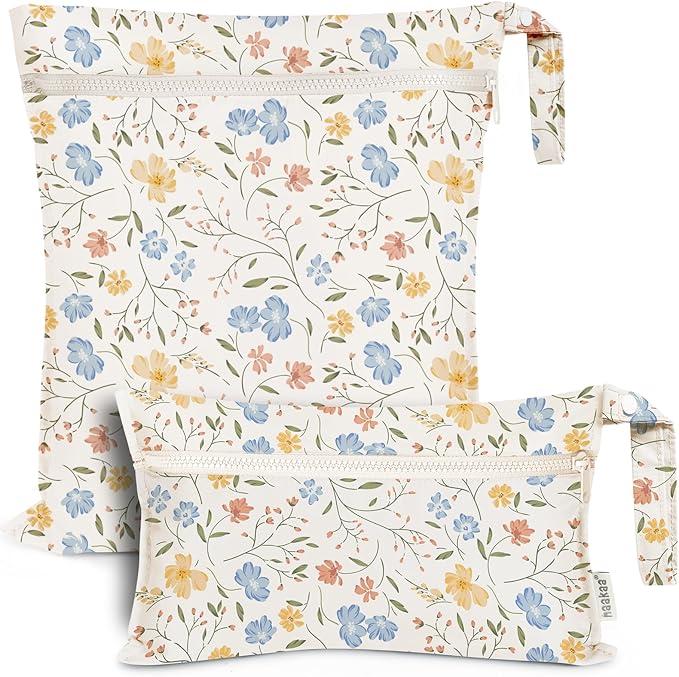 haakaa Water Resistant Wet Bags for Baby Wet Dry Bags for Cloth Diaper, Reusable Wet Bags for Baby Items, Swimsuit & Travel, 2pcs, Garden Flow