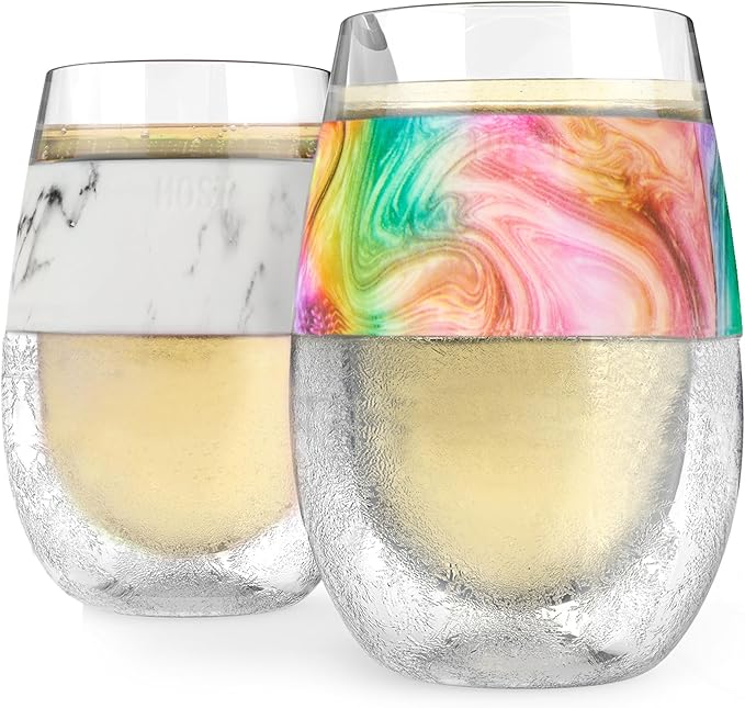 Host Freeze Stemless Wine Glasses, Freezable Double Wall Wine Tumblers, Insulated Chilling Cups with Silicone Bands, Gifts for Moms, Birthday Gifts for Women, 8.5 oz, Set of 2, Rainbow & Marble