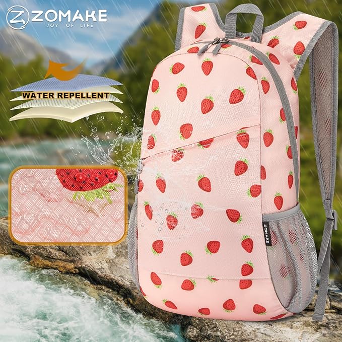 ZOMAKE Lightweight Packable Backpack,Foldable Backpacks Small Daypack for Hiking Water Resistant Day Bag for Travel(Strawberry print)