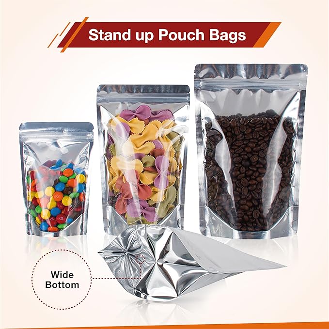 BELLE KR® Mylar Bags for Food Storage- Pack Of 100 (30 Pieces 4"x6" and 5"x8" and 40 Pieces 6"x9") Resealable Mylar Ziplock Bag with 7.5mil Thickness with Labels