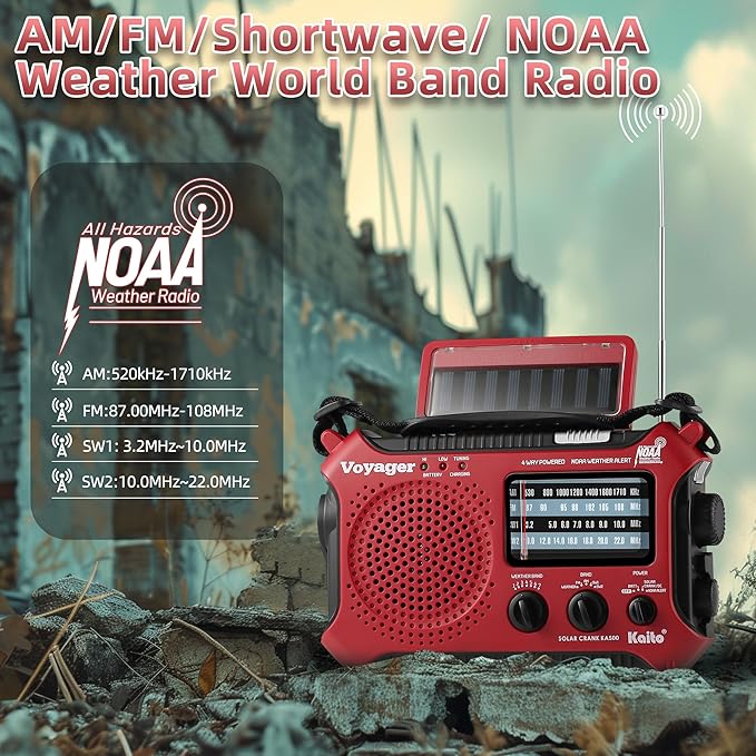 Kaito KA500RED 5-Way Powered Emergency AM/FM/SW Weather Alert Radio, Red
