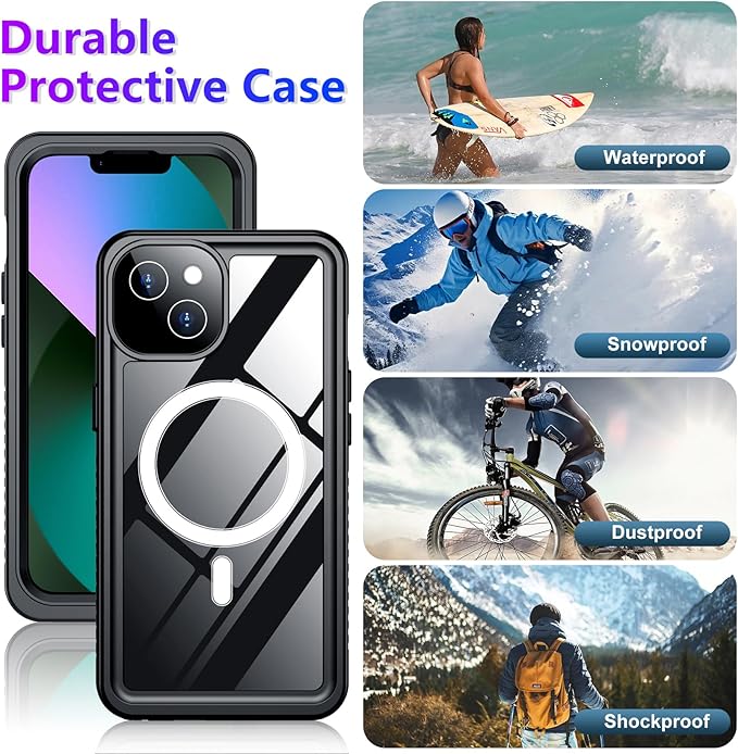 Temdan Compatible with iPhone 13 Case Waterproof, Built-in Screen & Camera Protector IP68 Underwater Full Body 13FT Military Dropproof Shockproof Phone Case 6.1"-Black/Clear-Mag