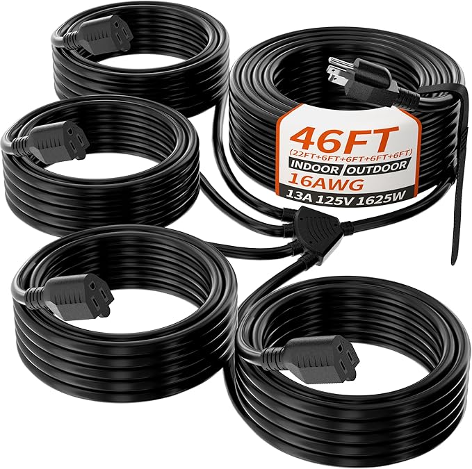 PlugSaf 1 to 4 Splitter Outdoor Extension Cord with Multiple Outlets; 46FT Total(22+6+6+6+6) 28FT End to End; 16/3 SJTW Black Extension Cord Outdoor Waterproof for Halloween Christmas; 16AWG 1625W ETL