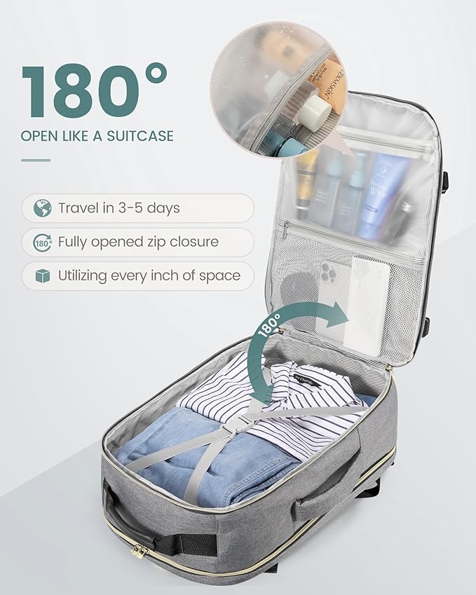 LOVEVOOK Travel Backpack for Women & Men 40L,Airline Approved Carry On Backpack Travel Essentials,TSA Carry on Luggage,Waterproof Personal Item Travel Bag,Suitcase with 3 Packing Cubes,Gray-Black