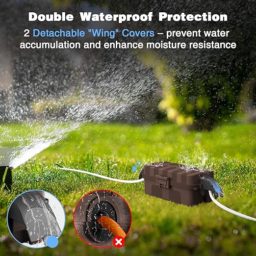 FLEMOON [2 Pack] IP55 Outdoor Electrical Box Waterproof with Detachable Awning Covers, 8.3 x 4.1 x 3.7 inch Weatherproof Extension Cord Cover, Easy Installation for Outdoor Plug, String Lights, Brown