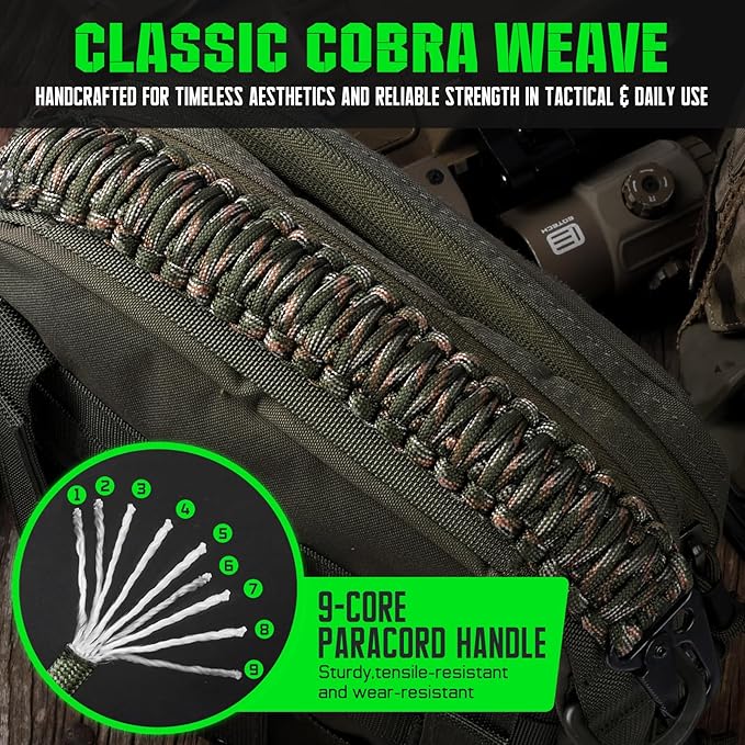 Tactical Paracord Handle，9-core Weaving Paracord Strap for Bag Strap Replacement，Molle Attachment with Metal/Plastic Clips for Backpack Sling Bags Water Bottle Holder