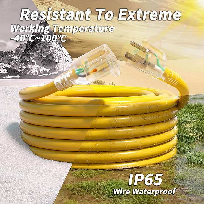 PlugSaf 25ft 12/3 Gauge Outdoor Extension Cord Waterproof with Lighted Indicator, 12 Gauge SJTW Heavy Duty 15Amp 1875W, 3 Prong Cords Flexible Pure Copper Yellow ETL Listed