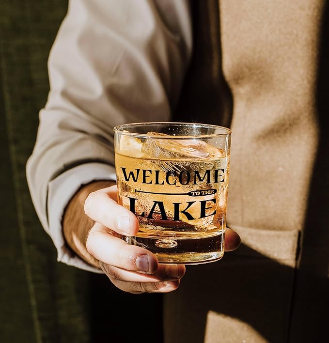 Nogrit Lake House Decor Gifts Whiskey Glasses 10 Oz,Welcome to the Lake, Funny Old Fashioned Rocks Glasses for Women Men Drinking Cocktail Scotch Vodka Tequila Rum