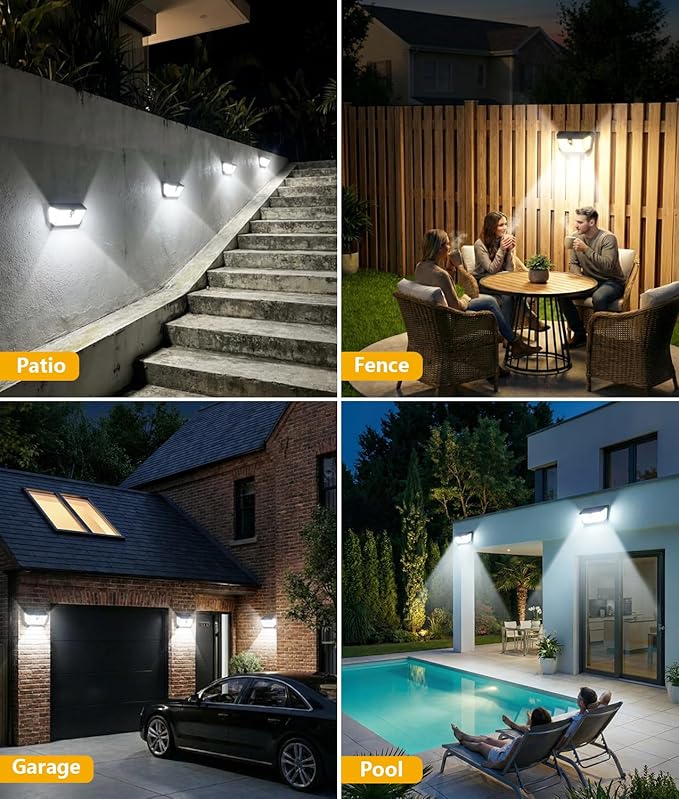 WdtPro Solar Lights Outdoor Waterproof, 300° Angle & 3 Lighting Modes Motion Sensor Outdoor Lights, Solar Security Flood Lights for Outside Fence Wall Yard Front Door Deck Garden Garage