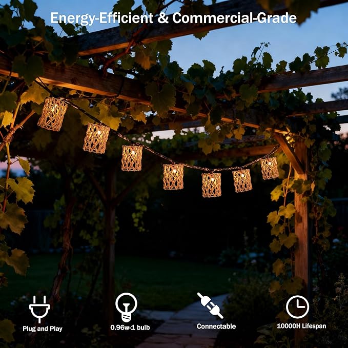 Decorative String Lights Plug in with 10 Incandescent Bulbs, Handwoven Rattan Cylinder-shaped Boho Lantern String Lights Connectable Weatherproof Outdoor Indoor for Bedroom Patio Pergola Decor (Beige)