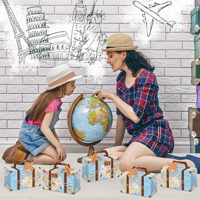 12Pcs Large Suitcase Party Favor Boxes Travel The Map Paper Treat Box with Tags Birthday Supplies Travel Theme Candy Goodie Gift Boxes for Birthday Baby Shower Wedding Adventure Party Table Decoration