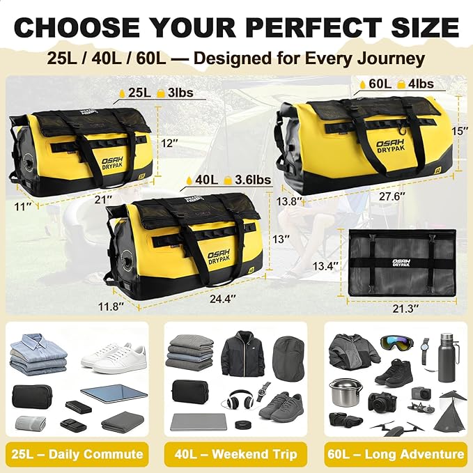OSAH DRYPAK Waterproof Duffel Bag 25L/40L/60L – Heavy-Duty Motorcycle Tail Bag, Roll-Top Dry Bag for Travel, Camping, Boating, Kayaking, Outdoor Adventure