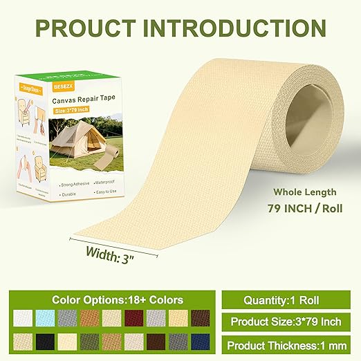 Besezx Canvas Repair Tape,Outdoor Gear Patch, 3x79 Inches,Waterproof Self-Adhesive Fabric Repair Tape for Repairing Boat Covers,Sun Shades,Sofas,Tents,Lounge Chairs,Awnings (Ivory Beige)