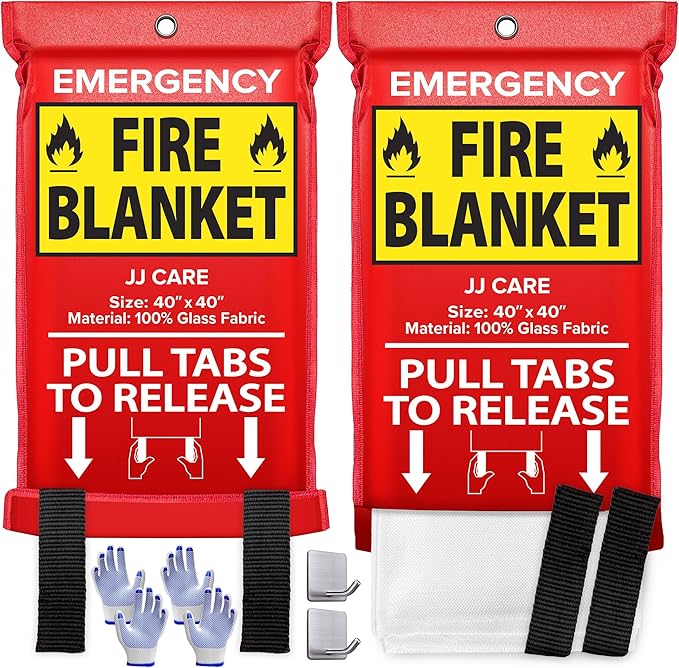 JJ CARE Fire Blanket - 40" x 40" [2 Packs with Hooks & Gloves] - Suppression Flame Retardant Emergency Fire Blanket for Camping, Grill, Kitchen, Home, Car, School, Office, Warehouse