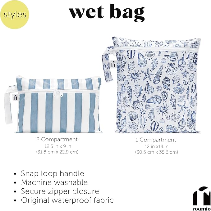 Bumkins Roamio - Waterproof Wet Bag - For Baby, Travel, Swim Suit, Cloth Diapers, Pump Parts, Pool, Gym, Toiletry, Strap to Stroller - Reusable & Easy to Clean - 2pk - Dk Green & Gray