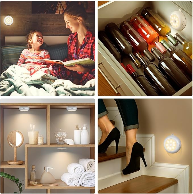 Reoshine Under Cabinet Lighting, LED Puck Lights AA Battery Operated, Closet Lights Motion Sensored for Kitchen, Shelf, Dimmable & Magnetic, 3000K Warm White (6 Pack)