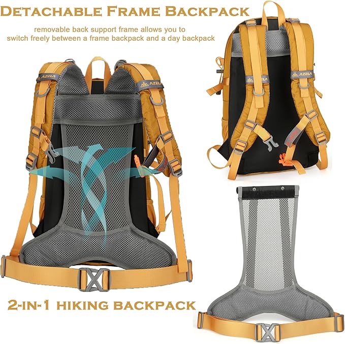 35L Hiking Backpack Detachable Frame Backpack with Rain Cover Waterptoof Travel Backpack for Women Men Daypack for Camping (Yellow)
