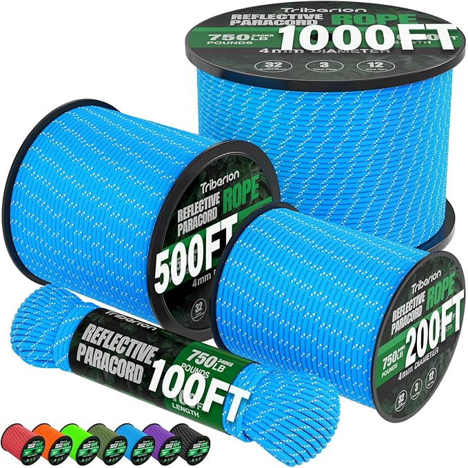 Reflective Paracord Rope 750 lb - 500ft 5/32" Parachute Cord 4MM 12-Strand para Cord - Heavy Duty Spool String for Survival,Camping Gear, Survival Bracelet, Clothesline - Blue