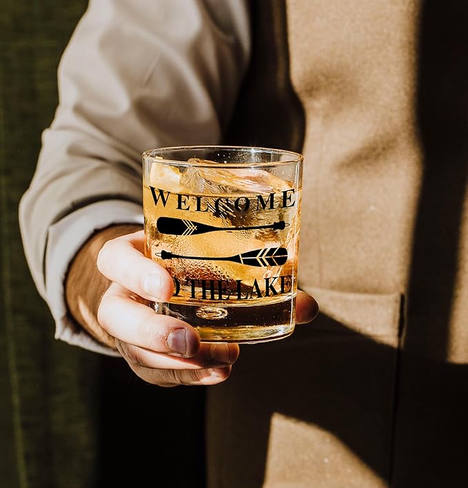 Nogrit Lake House Decor Whiskey Glasses 10 Oz,Welcome To The Lake, Beach Wine Glasses,Old Fashioned Rocks Glasses Lake Tequila Gifts For Women Men