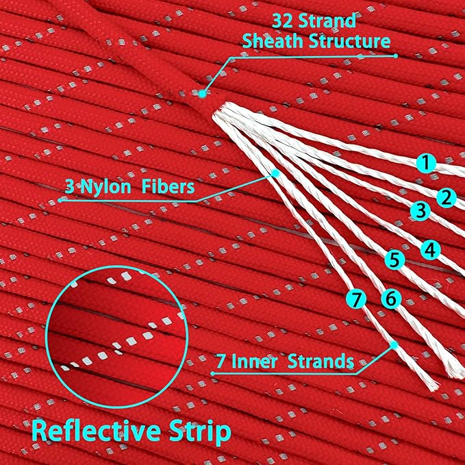 VVAAGG Reflective Paracord Rope 100FT, 7 Strand Nylon para Cord Lanyard Utility 550 Parachute Cord, 4mm Thin Tent Rope for Outdoor Camping Hiking