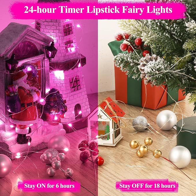 Lakumu Rechargeable String Lights Battery Operated, Battery Powered Copper Wire Fairy Lights with Timer, Mini LED Twinkle Lights for Bedroom, Christmas, Wedding, Centerpiece Table Decor (5M/16FT Pink)