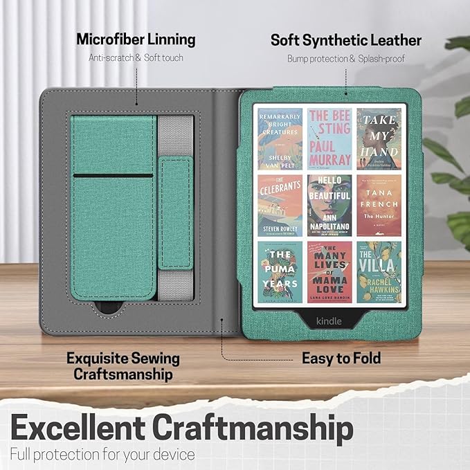 TNP Stand Case with Strap for Kindle Paperwhite 12th Gen 2024 / Kindle Colorsoft Signature Edition - 7" PU Leather Protective Folio Cover with Auto Wake/Sleep & Card Slot, Green