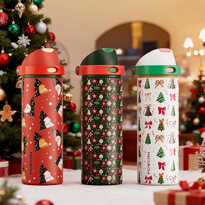 POWCAN 24 oz Christmas Stainless Steel Water Bottle: 2-in-1 Push-Button Spout & Quick-Flip Straw, Leakproof, Fits in Car Cupholder, Insulated Water Bottle for Holiday Gift, Sports, Travel (Merry Bows)
