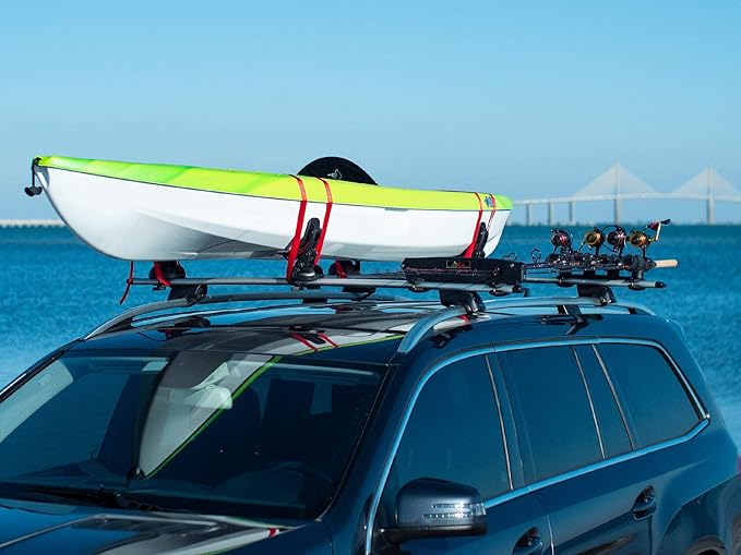 Up-Right Fishing Rod Transportation System for Car & SUV Roof Rack, Roof Top Fishing Pole Carrier, Lockable, Safe and Secure, Universal Fit, 4 Rod Capacity