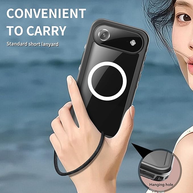 Compatible for iPhone 17 Air Case 6.5" Waterproof 【Compatible with Magsafe 】【IP68 Underwater】 Clear Magnetic Built-in Screen Protection Lanyard Diving Swim Dustproof Shockproof Black