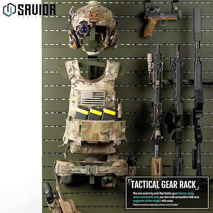 Savior Equipment Wall Rack System H.A.B Attachment Tactical Gear Wall Mount Organizer, Military Helmet Vest Belt Display Rack Plate Carrier Hanger, Heavy-Duty Steel Construction Hold Up to 80 lbs