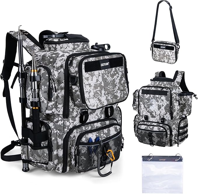 Goture Fishing Backpack, 900D Water-Resistant Tackle Backpack with Rod Holders, 58L Large Storage Gear Fishing Tackle Bag with Detachable Crossbody Bag,8 Lure Pockets,Bottle Holder for Camping Hiking