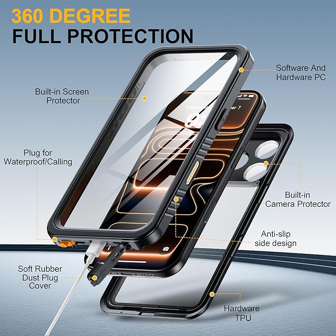 ANTSHARE for iPhone 17 Pro Case, IP68 Waterproof Shockproof Case, [Built-in Screen Protector] - 12 FT Military Dropproof - Full Body Heavy Duty Rugged Phone Cover 6.3 inches - Black/Clear