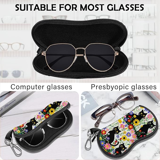 Glasses Case Sunglasses Eyeglass Soft Case Zipper Light Neoprene Pouch with Metal Belt Clip Aesthetic Cute Women Men