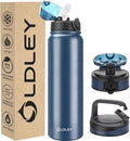 Oldley Insulated Water Bottle 32oz Water Bottles with Straw, Stainless Steel Water Bottle with 3 Lids, Double Wall Vacuum Bottels for Adults Kids,Leak-Proof Sport Bottles for School Travel, Navy Blue