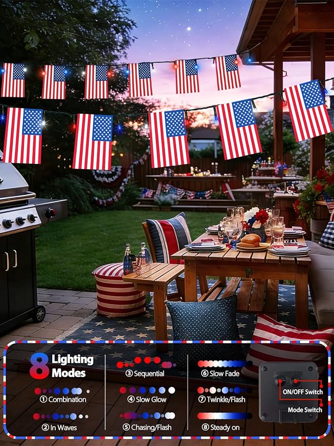 2 Pack 4th of July Decorations, Solar American Flag Lights Outdoor with 8 Modes, 37.6FT 50 USA Flags & 100 Red White and Blue LEDs Patriotic Lights Waterproof for Independence Day 250th Anniversary