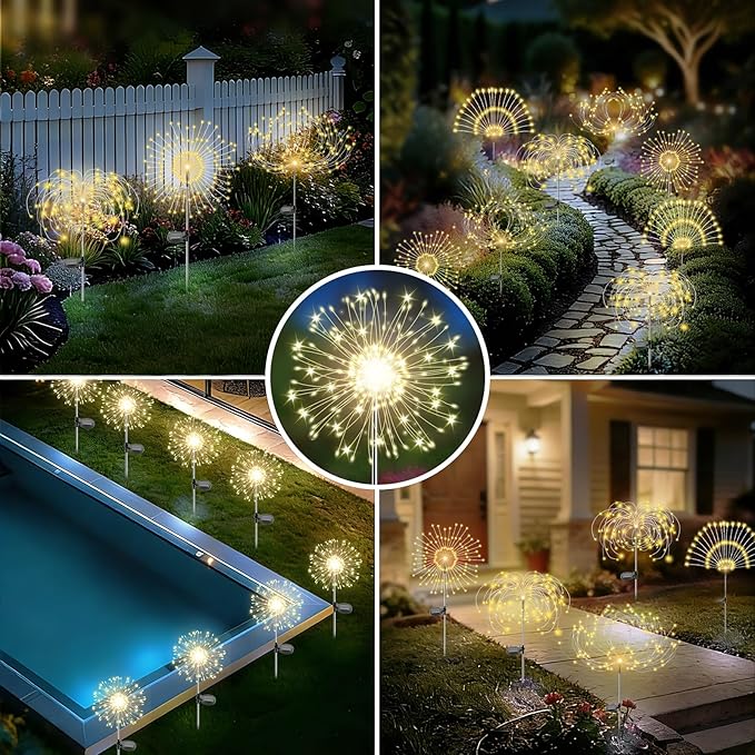 Solar Garden Lights Outdoor, 4 Pack 120 LED Twinkling Firework Lights Decorative with 2 Modes, Outdoor Waterproof Solar Starburst Light for Yard Pathway Planter Patio Decor, Warm White