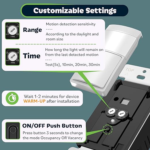 TOPGREENER PIR Motion Sensor Light Switch, Occupancy & Vacancy Motion Sensor Switch, 𝐎𝐩𝐞𝐫𝐚𝐛𝐥𝐞 𝐖𝐢𝐭𝐡𝐨𝐮𝐭 𝐆𝐫𝐨𝐮𝐧𝐝 𝐖𝐢𝐫𝐞, No Neutral Wire, Single Pole, TDOS5-HL-W, White