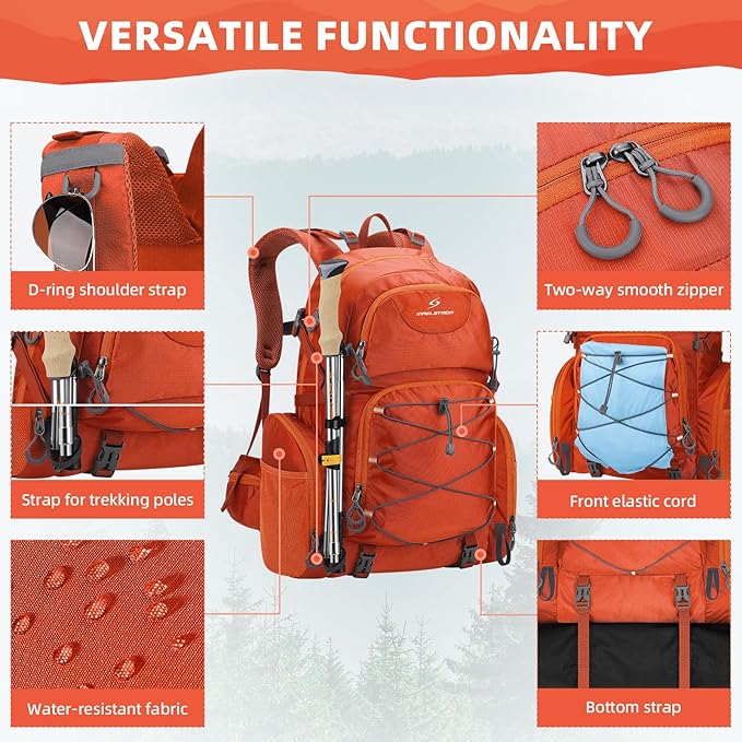 Maelstrom Hiking Backpack, 40L Waterproof Camping Daypack for Men and Women, Lightweight Travel Pack with Rain Cover (Orange)