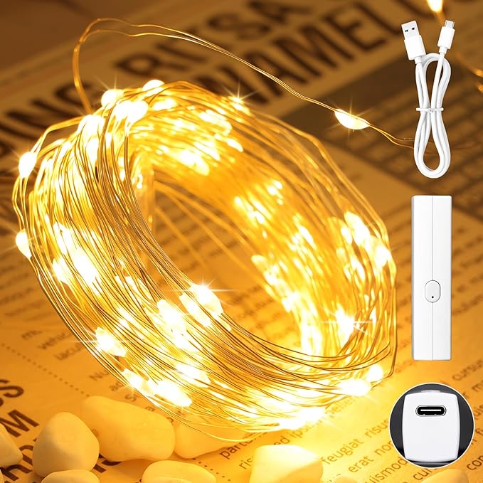 Lakumu 33FT 100 LED Fairy Lights: Rechargeable Battery Operated, Timer for Christmas Decorations, Bedroom, Tree, Wedding,Table Decor, Warm White