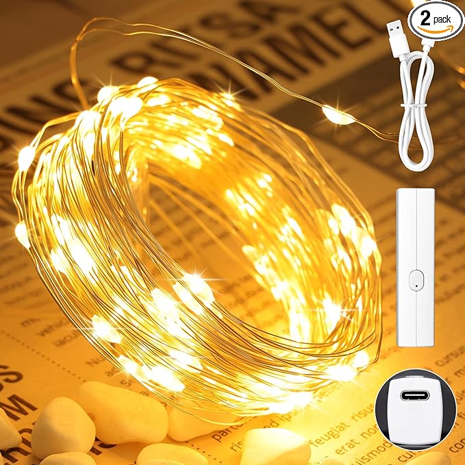 Lakumu 66FT(33*2) Fairy Twinkle Lights Battery Operated, 100 LEDs Rechargeable Battery Powered String Lights with 8 Modes & Timer for Bedroom, Christmas Decorations, Party, Wedding, Table(Warm White)