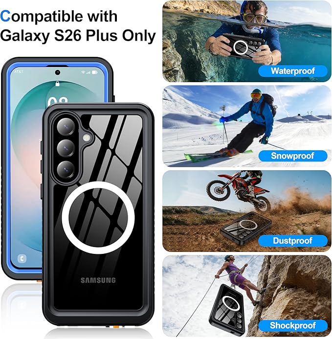 ANTSHARE IP68 Waterproof Case for Samsung Galaxy S26 Plus [2026] - MagSafe Compatible, Built-in Screen/Lens Protector - Shockproof Full Body Protection for Swimming/Outdoor, Blue/Clear