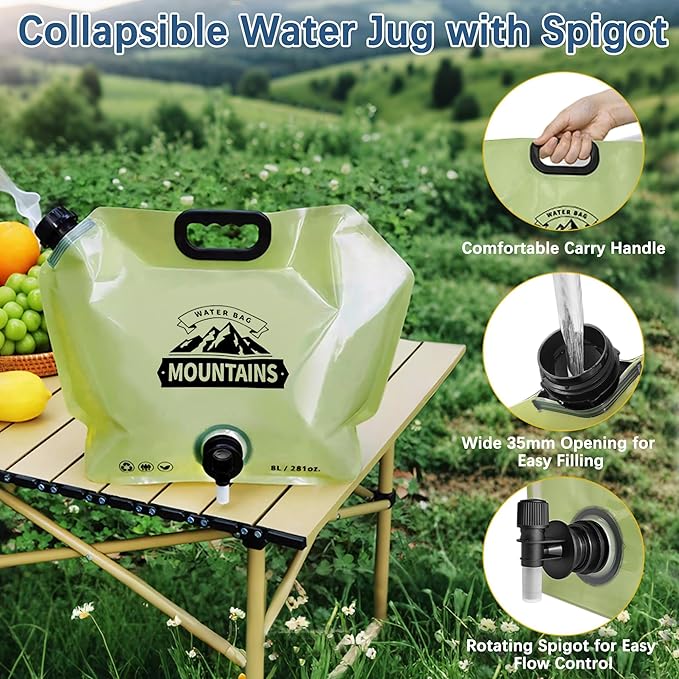 Water Jug Camping 2.1 Gallon Collapsible with Spigot, BPA Free Portable Water Pouch Foldable Water Bags for Outdoor Hiking, Travel and Emergency & Water Storage Containers (Green_Orange-2Pcs)