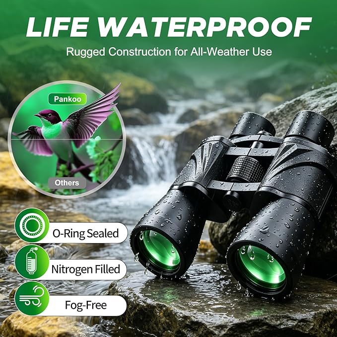 Pankoo 20x55 Binoculars for Adults High Powered – Large View Waterproof Optics with Clear Low Light Vision, Easy Focus for Hunting, Bird Watching, Concerts, Sports