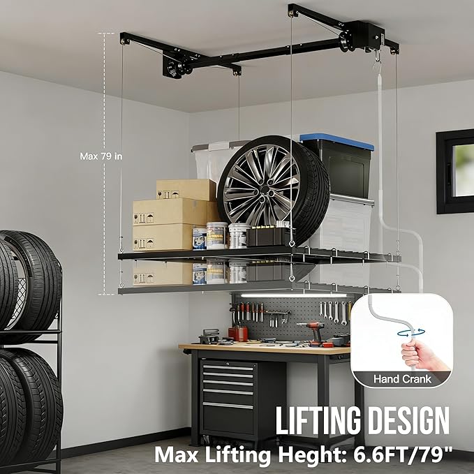 4x4 FT Overhead Garage Lifting Storage Rack, 350 lbs Capacity & 79" Lifting, Metal Garage Ceiling Rack, Adjustable Storage System with Safety Lock