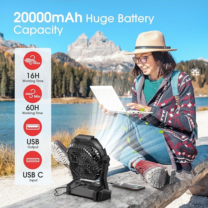 ONLYNEW Portable Fan Rechargeable, 20000mAh Cordless Battery Powered Fan with LED Lantern, USB C Battery Operated for Camping Travel Bedroom Home Tent Office Beach Desk Fishing Table